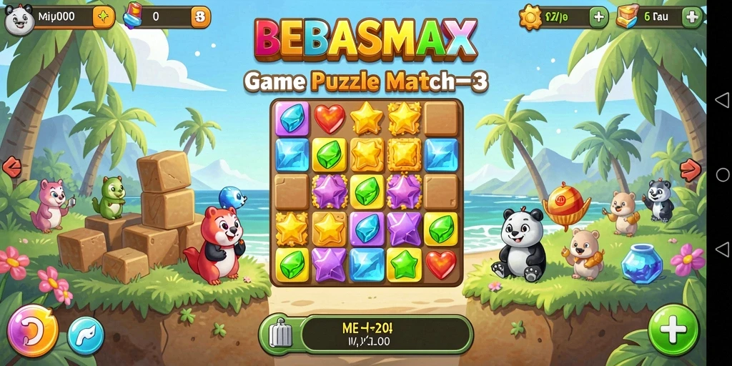 Screenshot gameplay BEBASMAX menampilkan kombinasi permata menarik.