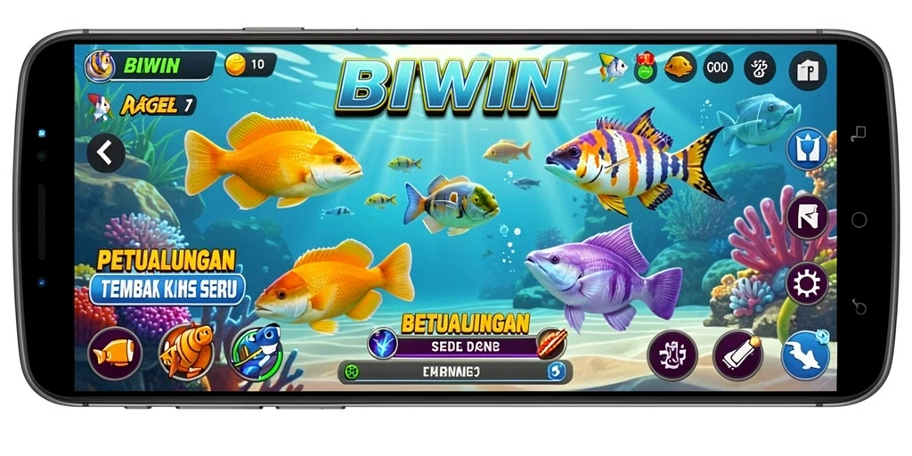Tampilan gameplay seru dari BIWIN saat menembak ikan.