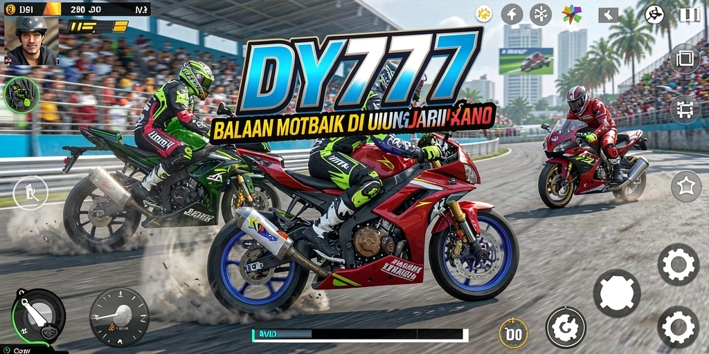 Tangkapan layar dari gameplay balap motor yang mendebarkan di DY777.