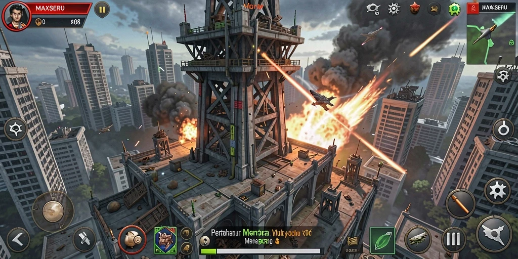 Tangkapan layar gameplay menara pertahanan yang intens.
